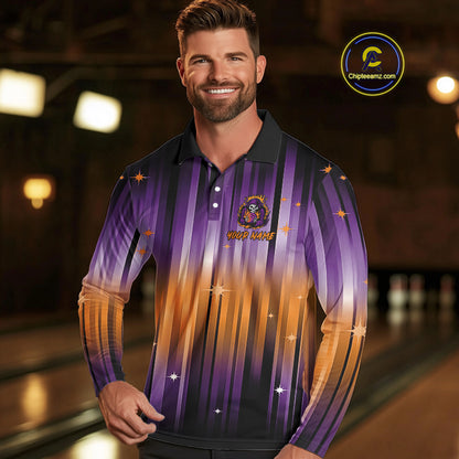 Custom Orange and Purple Flame Skull Halloween Bowling Shirts for Men, Halloween Bowling Team Jersey NQS10358