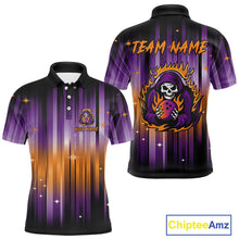 Load image into Gallery viewer, Custom Orange and Purple Flame Skull Halloween Bowling Shirts for Men, Halloween Bowling Team Jersey NQS10358