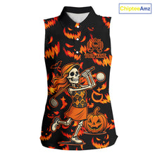 Load image into Gallery viewer, Orange and Black Halloween Pattern Funny Skull Golf sleeveless polo shirt Custom Halloween golf top NQS10352