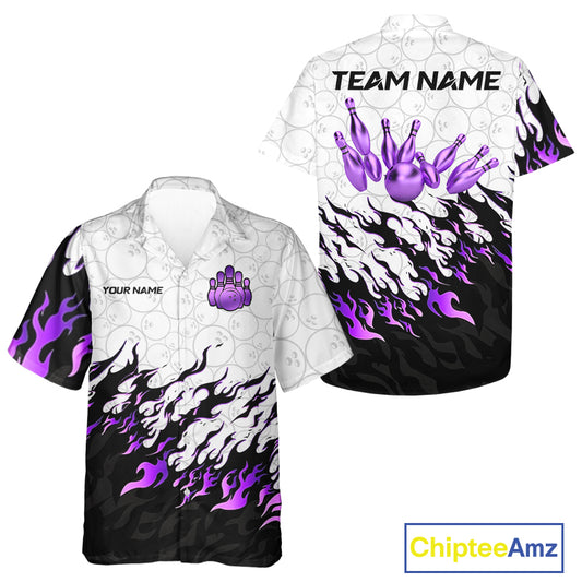 Black and White Camo Bowling Hawaiian shirt Custom Bowling Team League Jerseys | Purple NQS10562