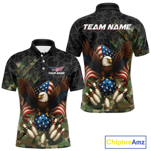 Black and Green Camo American Flag Eagle Bowling Shirts For Men Custom Patriotic Team Bowling Jersey NQS10573
