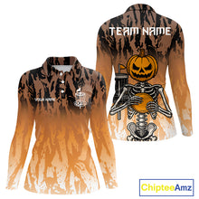 Load image into Gallery viewer, Funny Disc golf pumpkin skull orange camo Women disc golf polo shirt custom Halloween disc golf shirt NQS10790