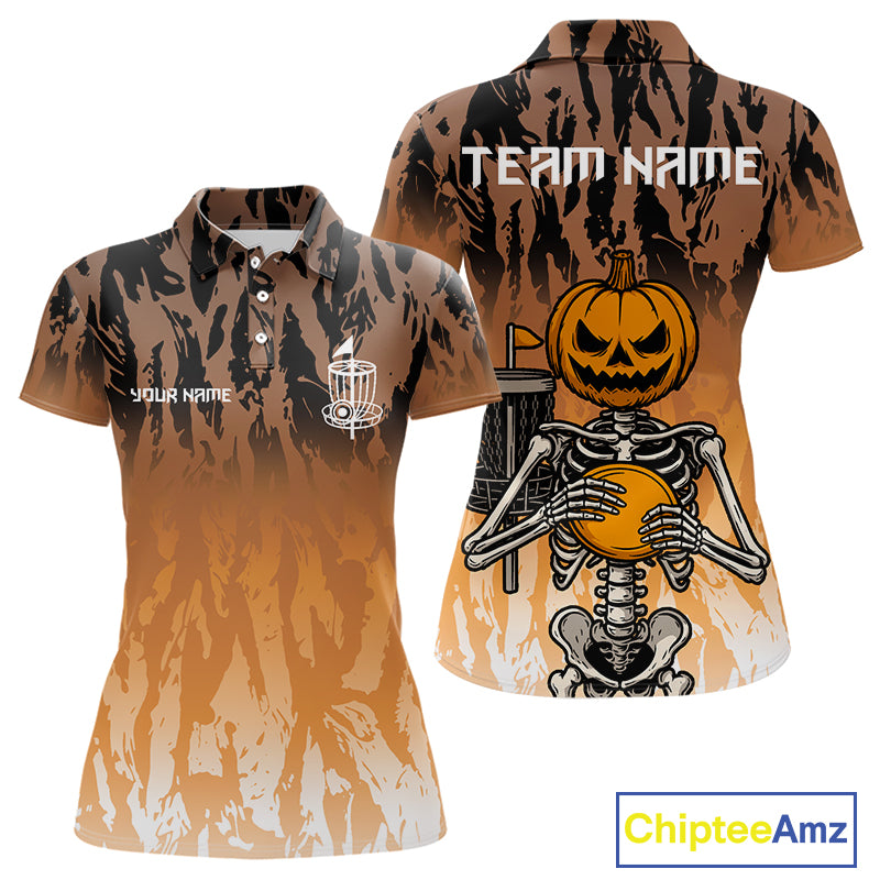 Funny Disc golf pumpkin skull orange camo Women disc golf polo shirt custom Halloween disc golf shirt NQS10790