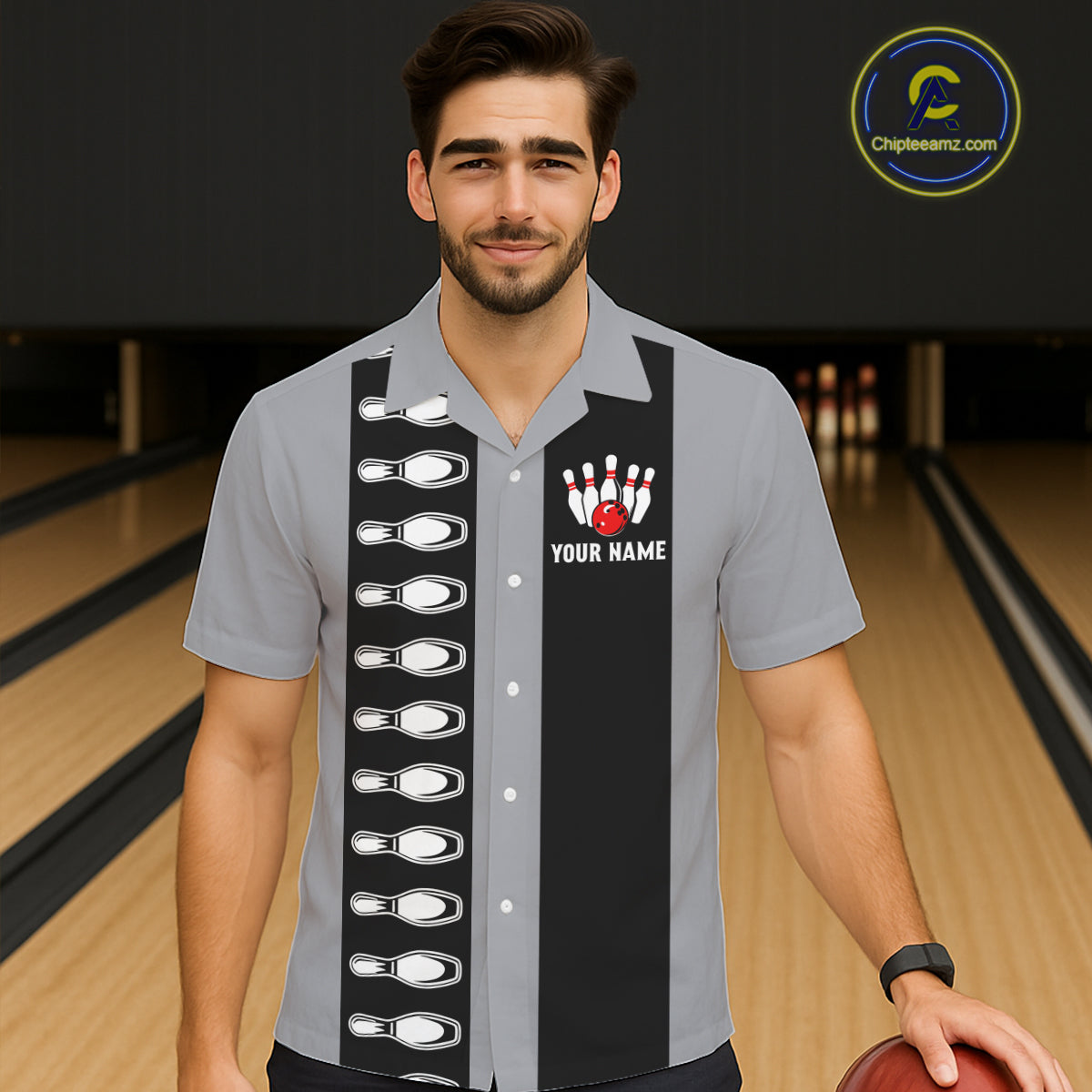 Black and Gray Retro Bowling Hawaiian Shirts Custom Vintage Bowling Team Button up shirt NQS11156
