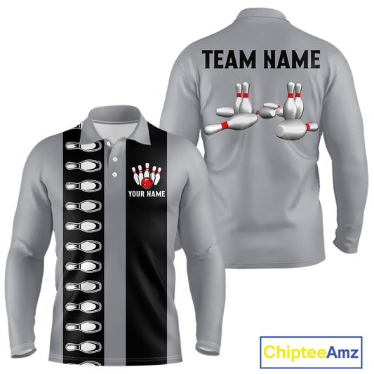 Black and Gray Retro Bowling Polo, Quarter Zip Shirts For Men Custom Vintage Bowling Team Jerseys NQS11156