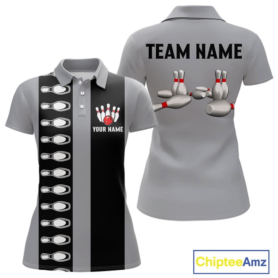 Black and Gray Retro Bowling Polo, Quarter Zip Shirts For Women Custom Vintage Bowling Team Jerseys NQS11156