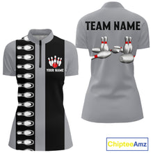 Load image into Gallery viewer, Black and Gray Retro Bowling Polo, Quarter Zip Shirts For Women Custom Vintage Bowling Team Jerseys NQS11156