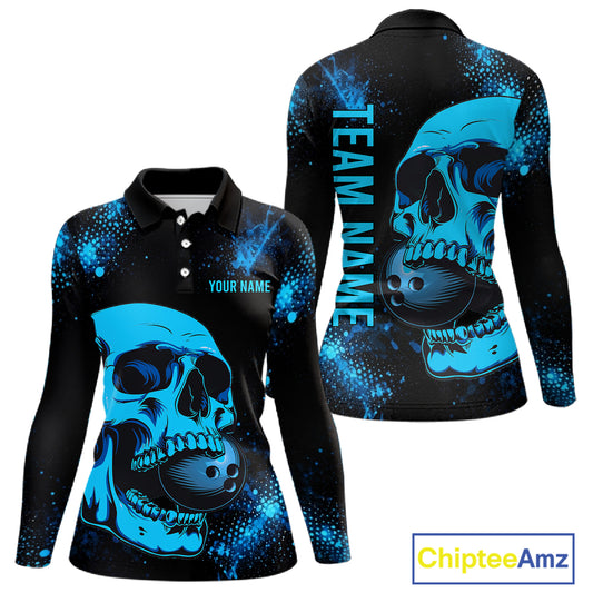 Black and Blue Skull bowling shirts for Women Custom Skull team bowling uniforms, bowling outfit NQS11573