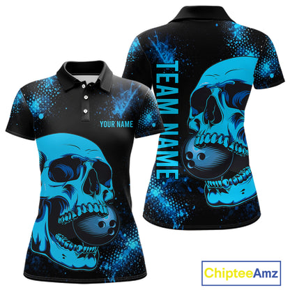 Black and Blue Skull bowling shirts for Women Custom Skull team bowling uniforms, bowling outfit NQS11573