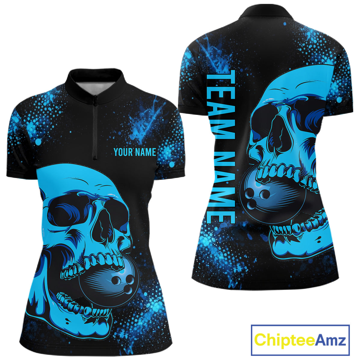 Black and Blue Skull bowling shirts for Women Custom Skull team bowling uniforms, bowling outfit NQS11573