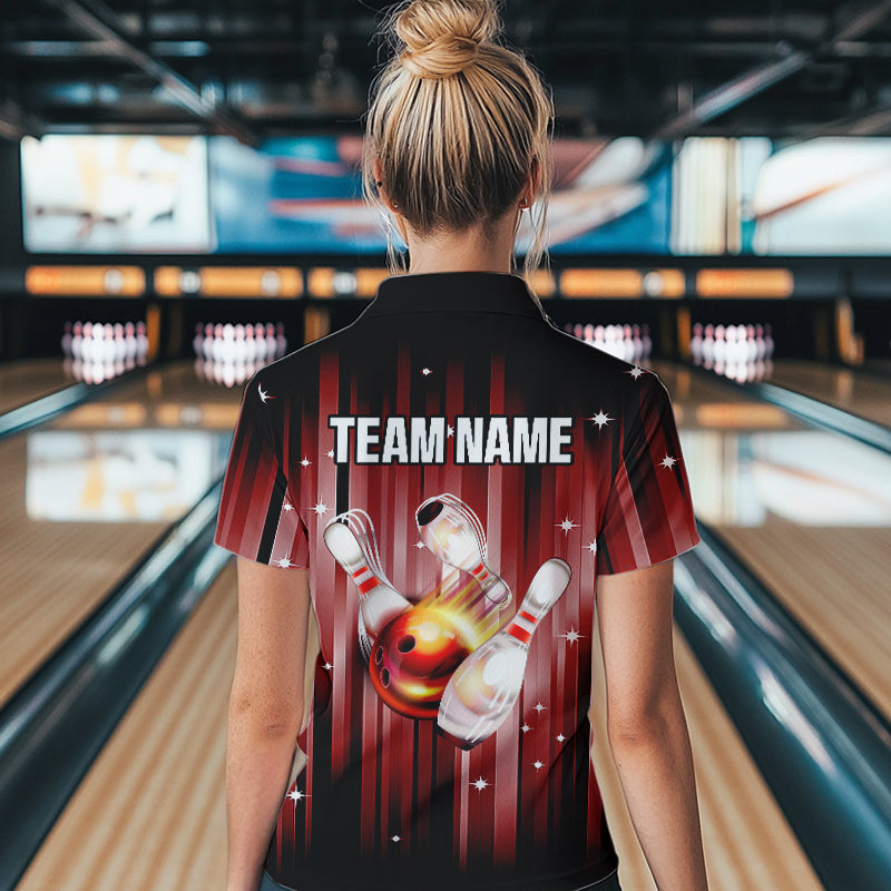 Custom Black and Red Bowling Polo, Quarter Zip Shirts for Women, Bowling Team Shirts Uniform NQS9621