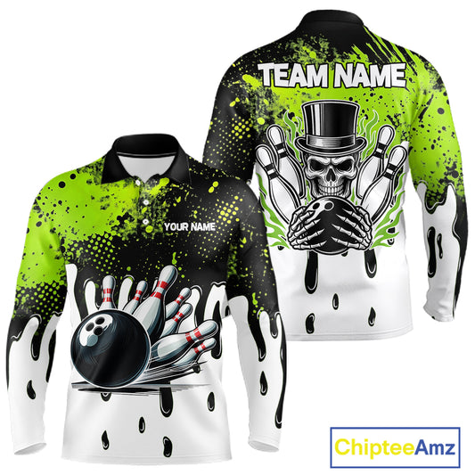 Black and Green Flame Skull Bowling Polo, 1/4 Zip Shirts for Men Custom Bowling Team League Jersey NQS11703
