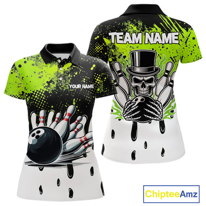 Black and Green Flame Skull Bowling Polo, 1/4 Zip Shirts for Women Custom Bowling Team League Jersey NQS11703