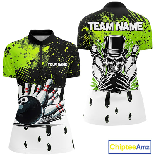 Black and Green Flame Skull Bowling Polo, 1/4 Zip Shirts for Women Custom Bowling Team League Jersey NQS11703