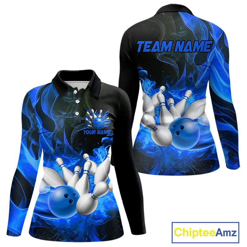 Black And Blue Flame Custom Bowling Shirts For Women, Flame Bowling League Shirts Outfits NQS9808