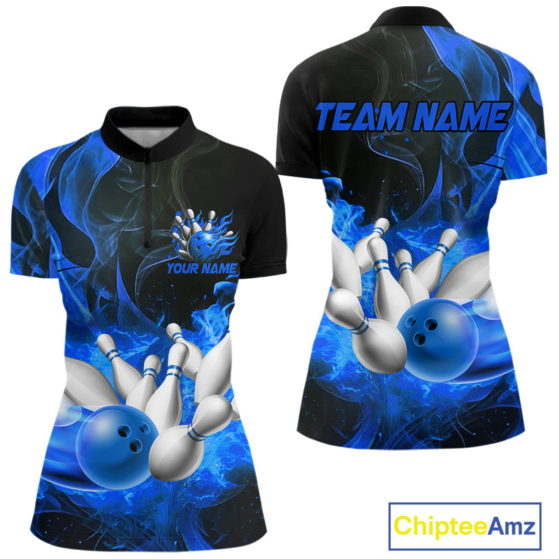 Black And Blue Flame Custom Bowling Shirts For Women, Flame Bowling League Shirts Outfits NQS9808