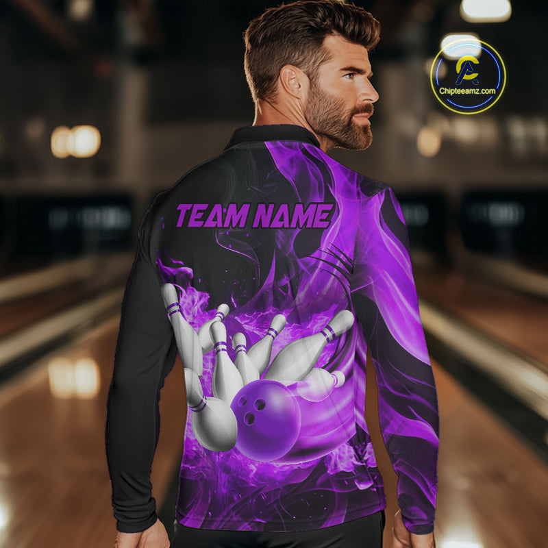 Black And Purple Flame Custom Bowling Shirts For Men, Flame Bowling League Shirts Outfits NQS9809