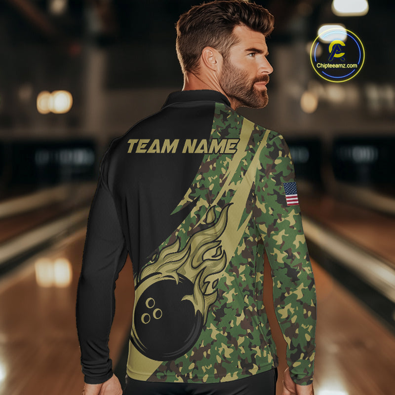 Mens bowling polo, quarter zip shirts Custom green camo bowling team jerseys, gift for team Bowlers NQS10053