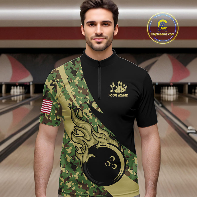 Mens bowling polo, quarter zip shirts Custom green camo bowling team jerseys, gift for team Bowlers NQS10053