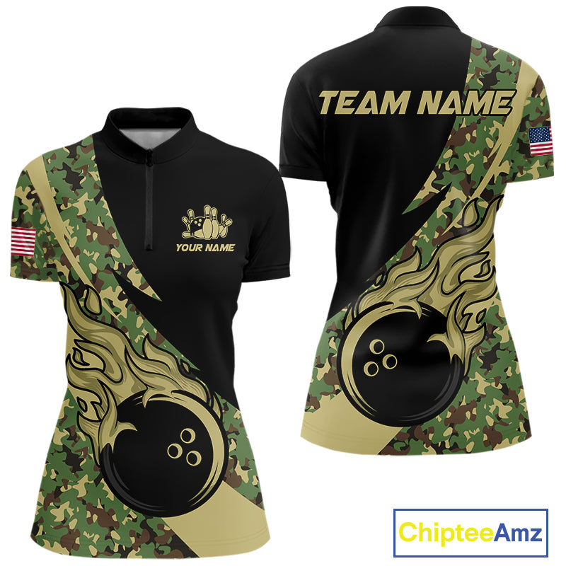 Women bowling polo, quarter zip shirts Custom green camo bowling team jerseys, gift for team Bowlers NQS10053