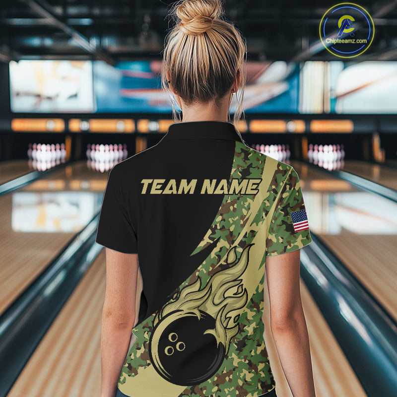Women bowling polo, quarter zip shirts Custom green camo bowling team jerseys, gift for team Bowlers NQS10053