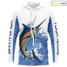 Load image into Gallery viewer, Blue Camo Marlin fishing shirts custom saltwater Marlin sun protection long sleeve fishing apparel NQS10055