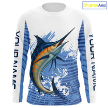 Load image into Gallery viewer, Blue Camo Marlin fishing shirts custom saltwater Marlin sun protection long sleeve fishing apparel NQS10055