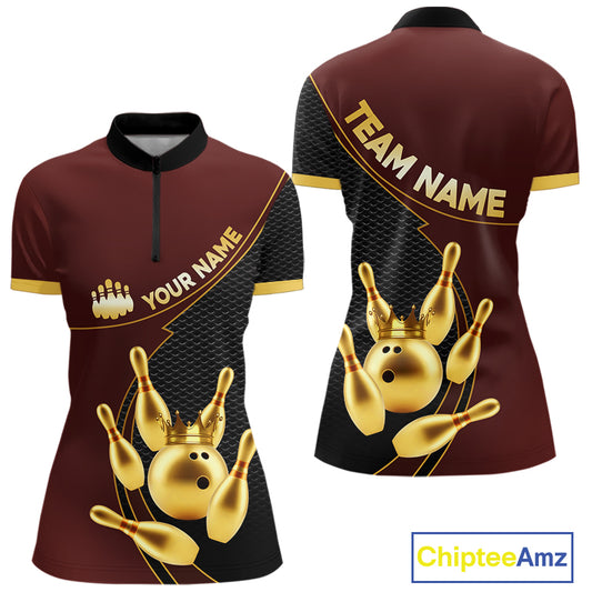 Red and Gold Bowling shirts for Women Custom Team Bowling Polo, 1/4 zip Shirt bowlers Outfit NQS10973
