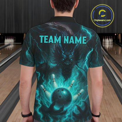 Personalized Black and Turquoise Flame Lightning Dragon Bowling Shirts For Men, Team Bowling Jerseys NQS11168