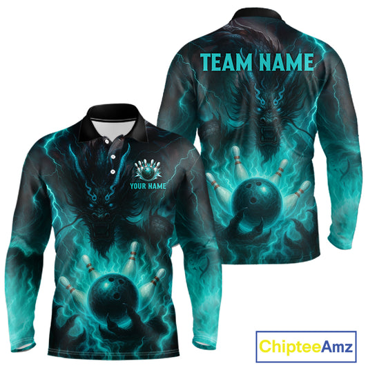 Personalized Black and Turquoise Flame Lightning Dragon Bowling Shirts For Men, Team Bowling Jerseys NQS11168