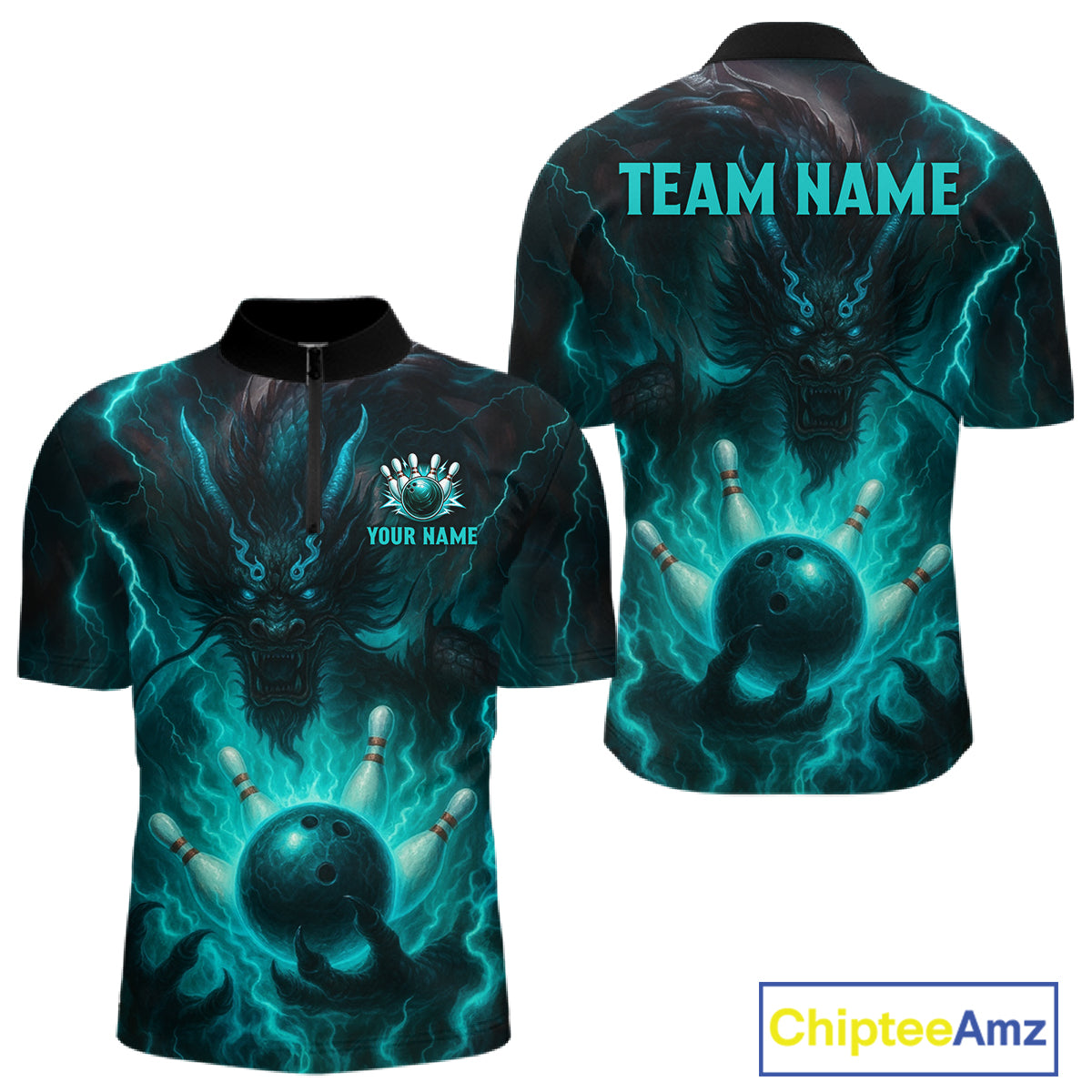 Personalized Black and Turquoise Flame Lightning Dragon Bowling Shirts For Men, Team Bowling Jerseys NQS11168