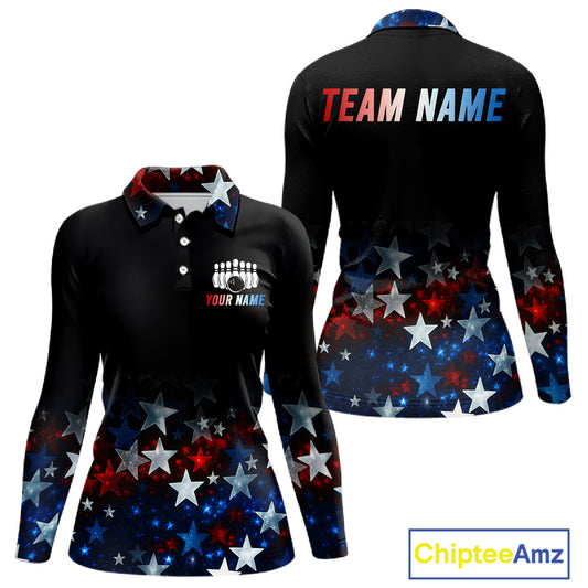 Personalized Red, White and Blue Stars Pattern Bowling Team Shirts For Women Patriotic Bowling Gifts NQS11169