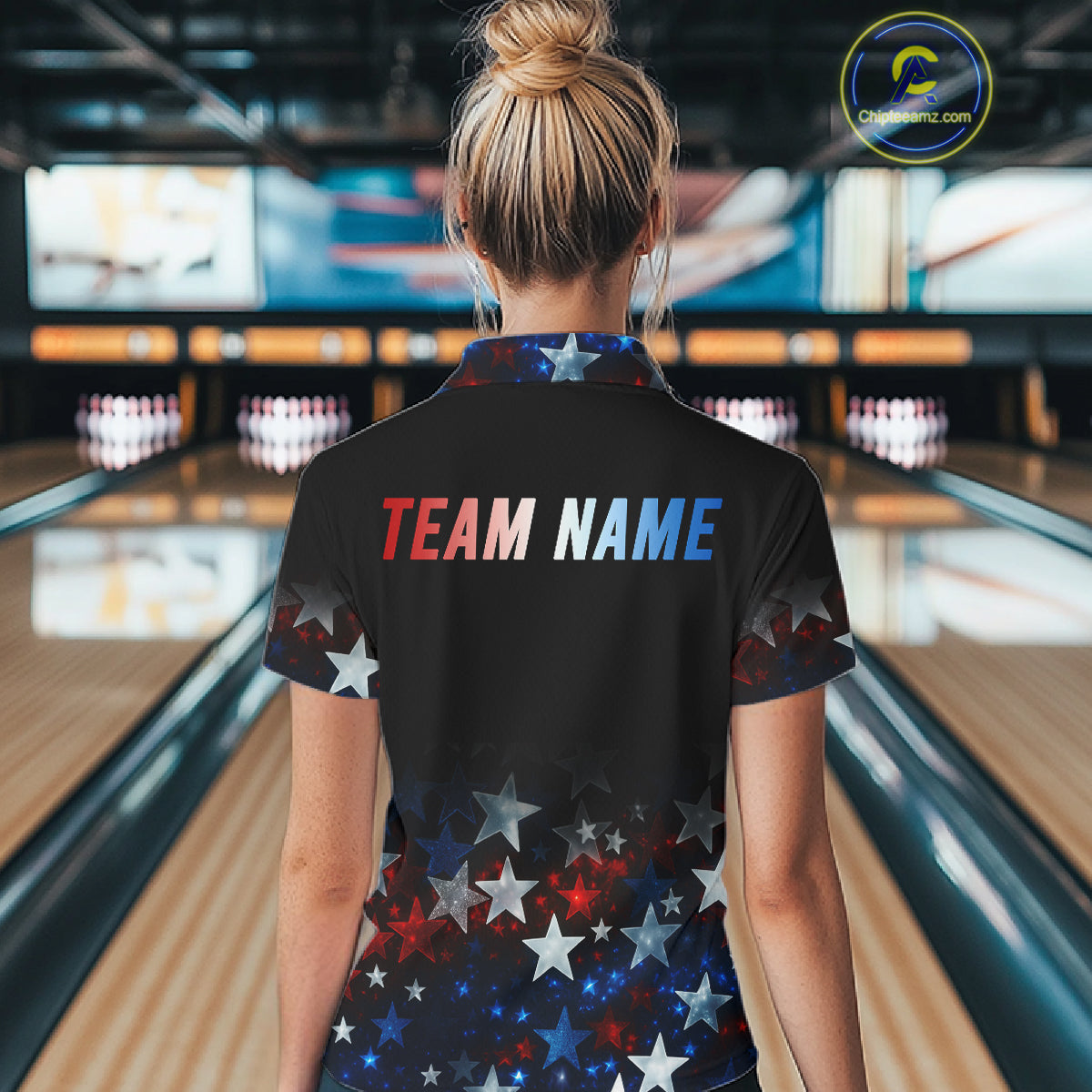 Personalized Red, White and Blue Stars Pattern Bowling Team Shirts For Women Patriotic Bowling Gifts NQS11169