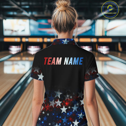 Personalized Red, White and Blue Stars Pattern Bowling Team Shirts For Women Patriotic Bowling Gifts NQS11169