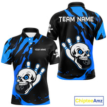 Load image into Gallery viewer, Black and Blue Skull Bowling Shirts for Men Custom Team bowling jersey, gift for bowlers NQS11708