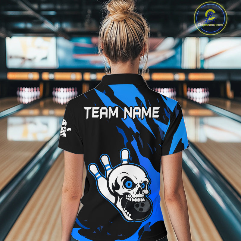 Black and Blue Skull Bowling Shirts for Women Custom Team bowling jersey, gift for bowlers NQS11708