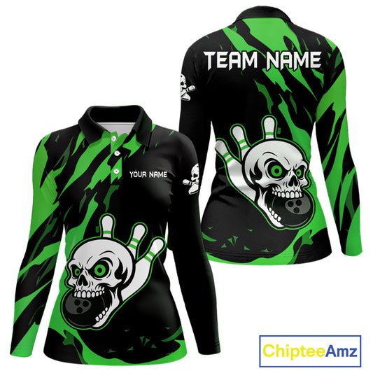 Black and Green Skull Bowling Shirts for Women Custom Team bowling jersey, gift for bowlers NQS11709