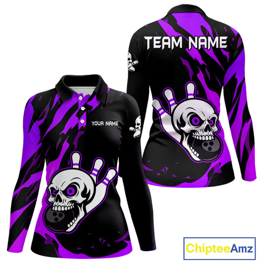 Black and Purple Skull Bowling Shirts for Women Custom Team bowling jersey, gift for bowlers NQS11710