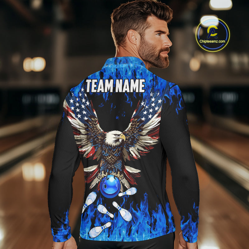 Blue flame Mens bowling polo shirts Custom American flag Eagle Team bowling shirts, gift for bowlers NQS7403