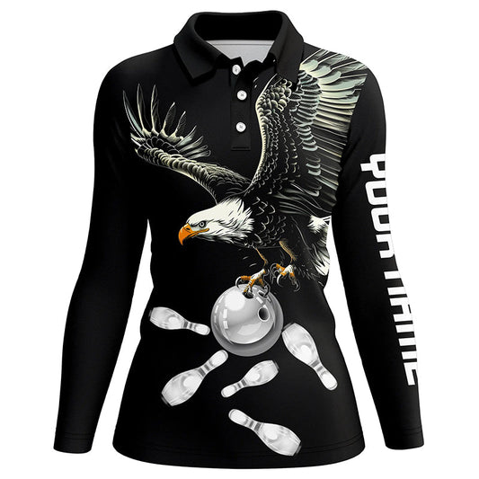 Black and white Women bowling polo shirts Custom Eagle Team bowling shirts, gift for bowlers NQS7405