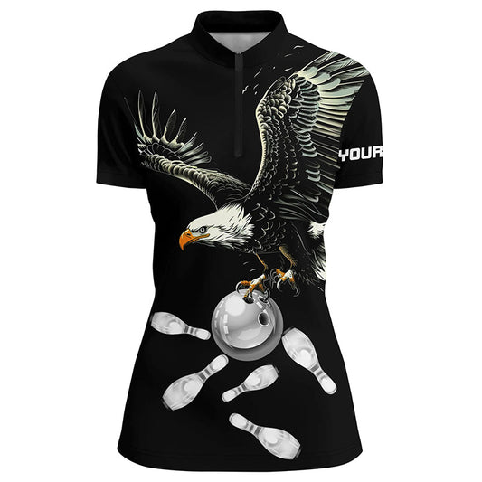 Black and white Women bowling Quarter Zip shirt Custom Eagle Team bowling shirts, gift for bowlers NQS7405