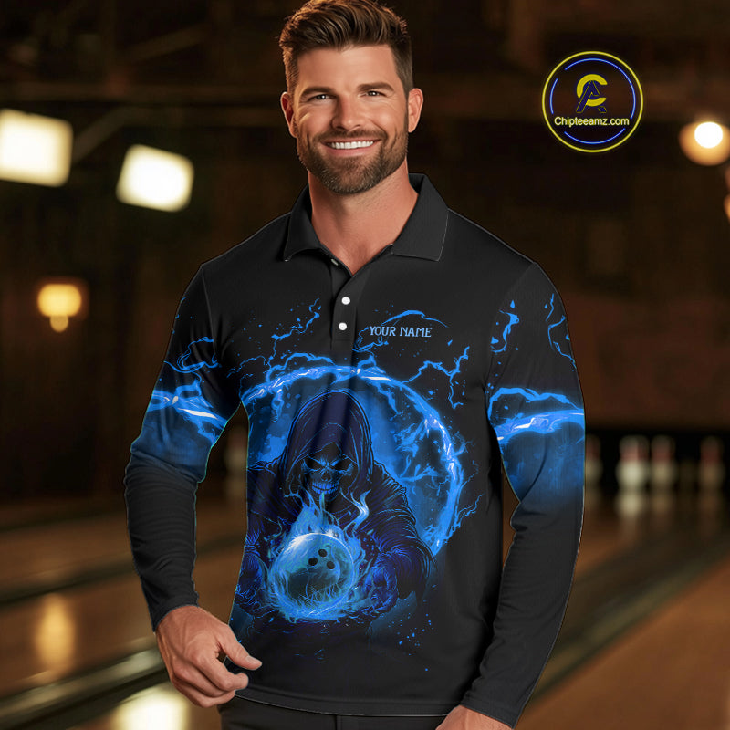 Mens bowling polo, 1/4 zip shirts Custom blue flame skull bowling team jerseys, gift for Bowlers NQS10056