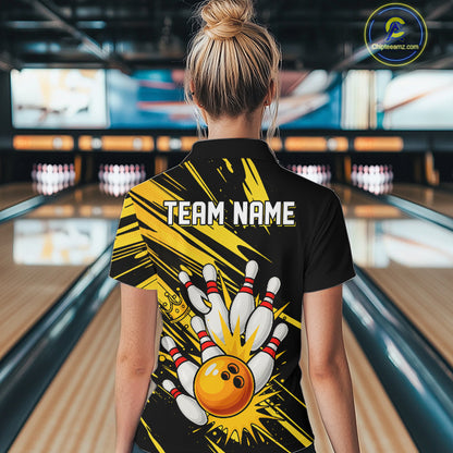 Black and Yellow Bowling Polo, 1/4 Zip Shirt for Women Custom Bowling Team shirts for bowlers NQS10365