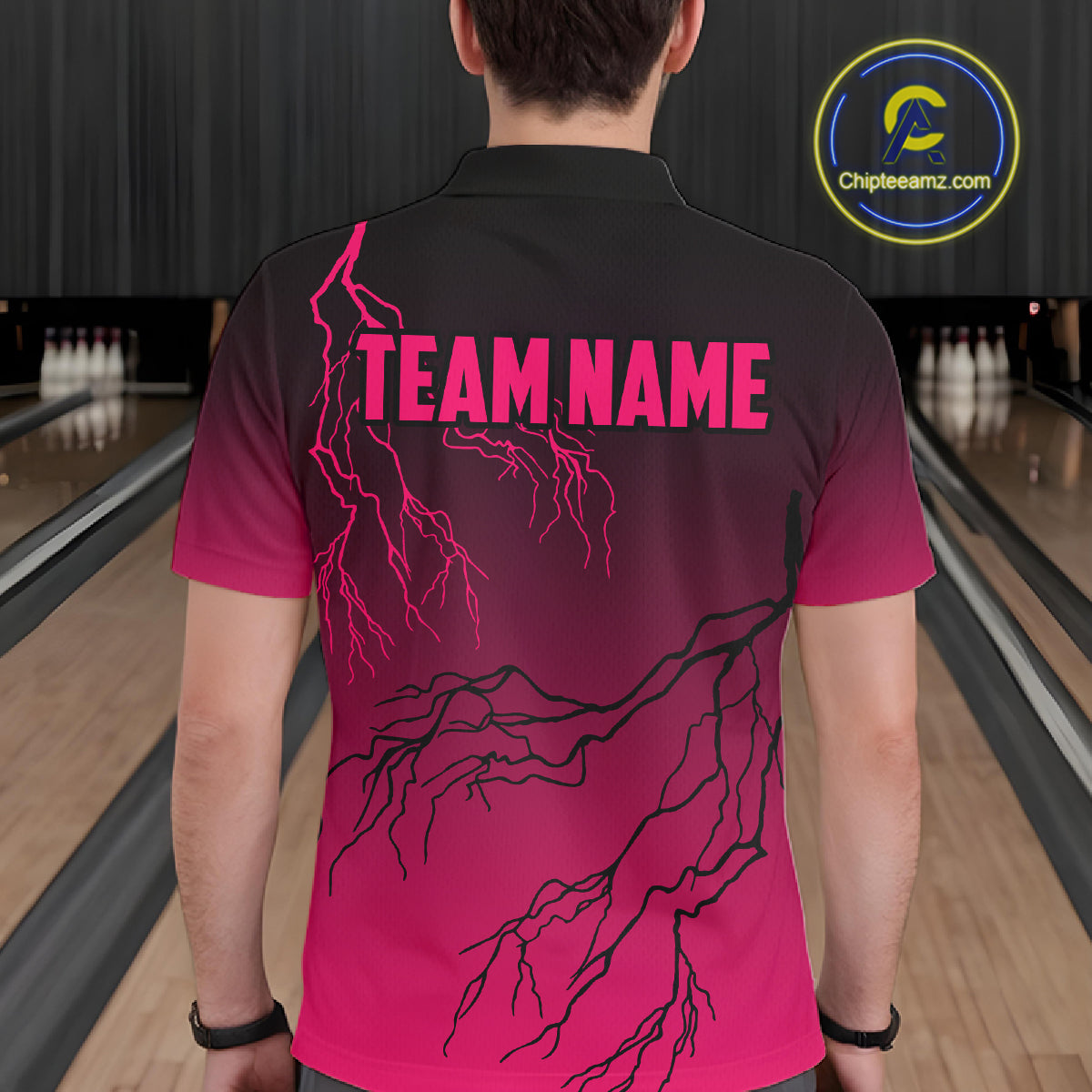 Black and Pink gradient Lightning thunder storm Bowling shirts for Men Custom Bowling Team Jerseys NQS11170