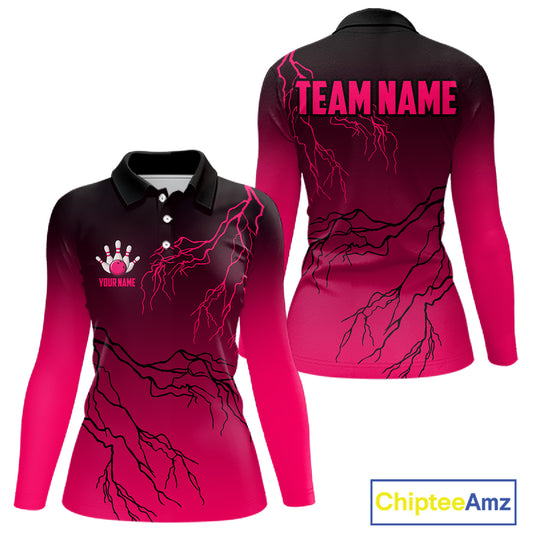 Black and Pink gradient Lightning thunder storm Bowling shirts for Women Custom Bowling Team Jerseys NQS11170