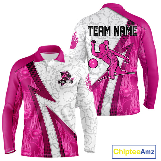 Custom Bowling Polo, Quarter Zip Shirt For Men Pink flame camo Bowling shirts, Bowling Team jerseys NQS11585