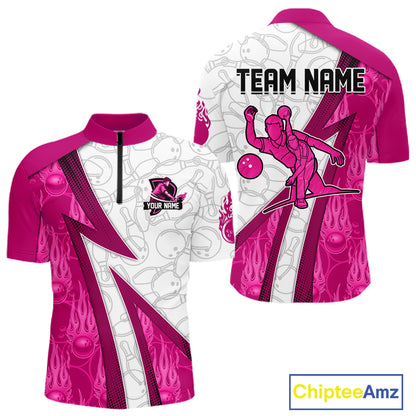 Custom Bowling Polo, Quarter Zip Shirt For Men Pink flame camo Bowling shirts, Bowling Team jerseys NQS11585