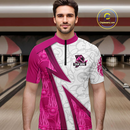 Custom Bowling Polo, Quarter Zip Shirt For Men Pink flame camo Bowling shirts, Bowling Team jerseys NQS11585