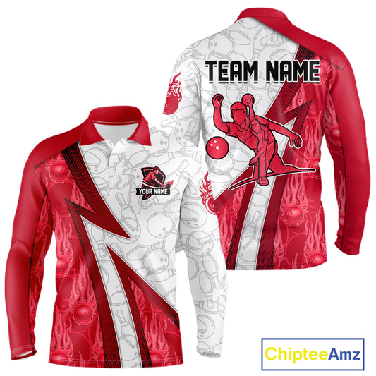 Custom Bowling Polo, Quarter Zip Shirt For Men Red flame camo Bowling shirts, Bowling Team jerseys NQS11586