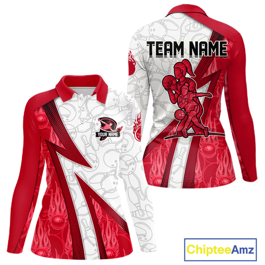 Custom Bowling Polo, Quarter Zip Shirt For Women Red flame camo Bowling shirts, Bowling Team jerseys NQS11586